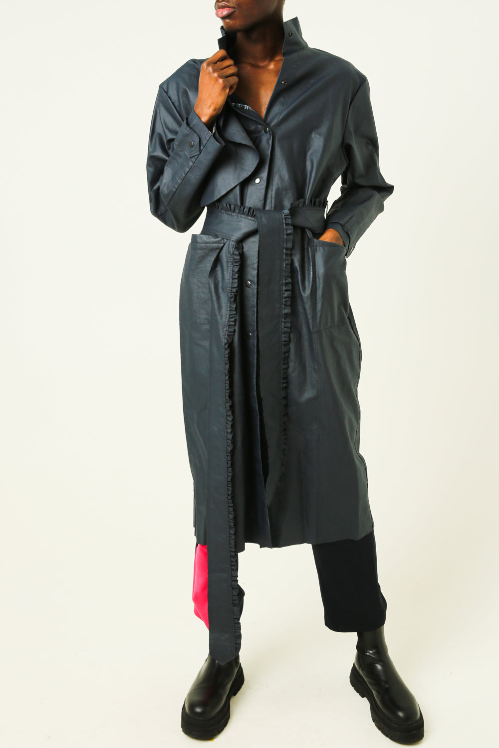 Long raincoat with collar and belt